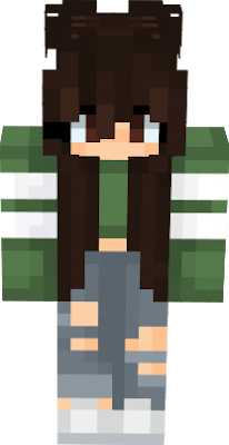a skin with brown hair, green pullover and a grey jeans
