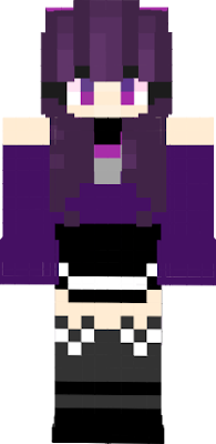 Real name Yuria, very long hair with pigtails, silver heart neclace, Aphmau cat tights with black heels, black skirt with white stripe, purple crop top with black cover neck top