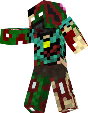 herobrine eyes with blood and gashes, a huge mouth, bone showing, teal shirt, brown shorts, and brain.
