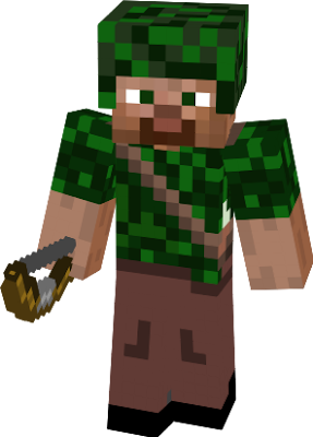 This stealthy archer has a quiver, a bow, a camouflaged shirt and helmet, and also a knife for close combat.