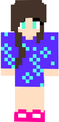 A cute brown haired girl with over lay in a purple/blue jumper dress with sparkles and sneakers/trainers. Blue eyes and loves purple, blue and the mint colour/color.