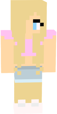 it is a blonde girl with a pink crop top and denim shorts. Simple.