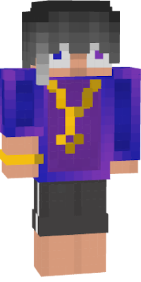 A purple and blue guy who have black and white hair, with a nike shorts and no shoes. He has a gold chain just like a rapper and a gold ring in his right hand.