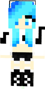 ombre blue hair coloured girl with white crop top hoodie with music notes on, black with white edged shorts, light blue coloured headphones and black and white knee high boots with white laces.