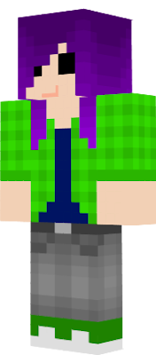 Variegated Purple Hair, Reverse Herobrine Eyes, Lime Plaid Shirt with Navy Cami, Silver Skinny Jeans and Green Sneakers.
