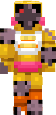 this is old toy chica she looks very diffrent to old chica but she kindu looks like old bonnie but yellow i said that beacuse old bonnie has no face and as you can see old toy chica has no face i really like this skin i made