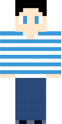 Um YouTube pequeno de Minecraft que está crescendo: olhos azuis, camiseta com linhas na orizontais azuis e brancas,com uma calça azul meio escuro.