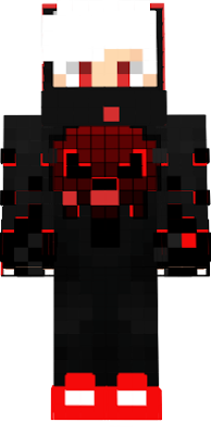 Hes a red man with a skull on his chest and he has red eyes