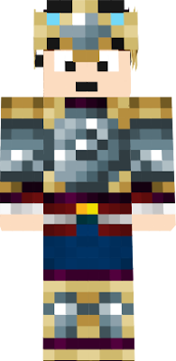 Dantdm's face without goggles and crown on top. Silver chest plate with peach hands. Blue sorts with a buckle and gold boots.