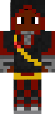a black guy in black and red clothes with a hood and some yellow / gold details
