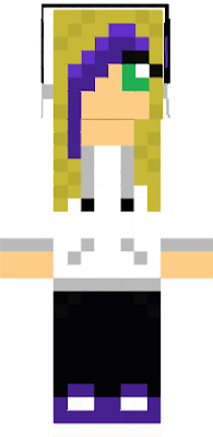 blonde girl with white hoodie, headphones, black jeans, and purple converse.