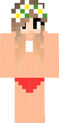 White bikini top w/red bottom, brown hair and flower band