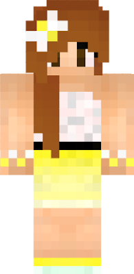 A girl with brown hair, brown eyes, a white and yellow dress and two braclets and a yellow and white bow