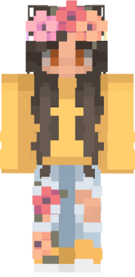 flower crown, yellow sweater, ripped jeans, orange eyes, yellow shoes, and brown hair
