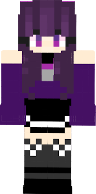 Real name Yuria, very long hair with pigtails, silver heart neclace, Aphmau cat tights with black heels, black skirt with white stripe, long sleeve dark purple crop top with black cover neck top.