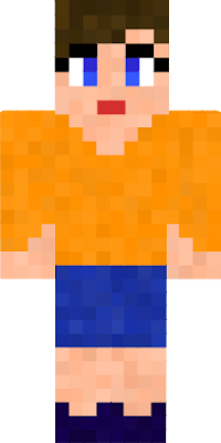 A blue eyed girl with brown hair. She has an orange top, blue shorts and dark blue shoes.