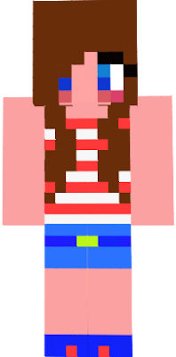 Country girl with brown hair striped shirt cyan pants blue belt blue shoes with light red buttons and blue eyes -Sprinkles1117