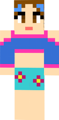 A girl wearing a blue crop top with a pink outline. She is also wearing light blue shorts with purple flowers. There are blue highlights in her brown hair.
