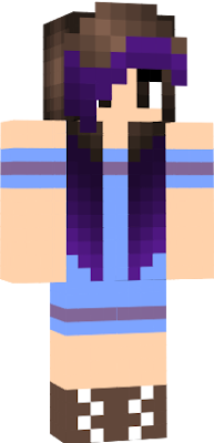 Brown hair dyed with purple, pale blue sundress with lavender decorations, and light brown boots.
