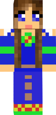 This is a girl with blue dress and blue pants she has collor boots and brown hair