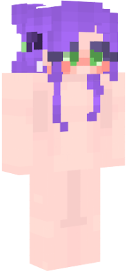 Girl with Purple hair and green eyes. She has a flower on one side of her head and a bow and hair clip on the other.