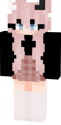 A adorable pink haired devil, with a blank shirt & plaid skirt with knee high socks. Perfect for a mid-halloween skin! Enjoy :3