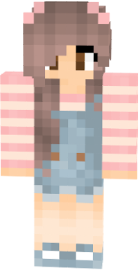 brown hair, with overalls, brown eyes, pink bow