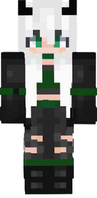 un chica con vestimenta negro y verde cabello blanco con cachos de demonio