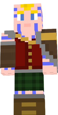 A viking pirate type of outfit to wear. It has a center braid, blue pict warpaint, a kilt, fur overclothes, and red tunic-type shirt.