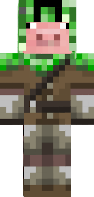 this is the creeper hunter suit with a pig inside because the creeper was created by a mistake. it was a bug in the minecraft creator prigram that was used by mojang when making minecraft. when notch designed the pig skin a bug happend and the pigs body turned into the creeper shape notch later added the color and face to this body and gave it the job of a mob so the creeper was born from a pig and therefor i made this skin :D