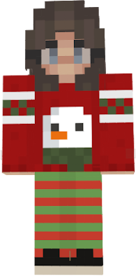 Winter sweater with a snowman on it, red and green pants, short hair, blue eyes