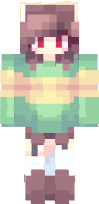 red eyes, brown hair, yellow flowers on top, green-yellow hoodie, chara from undertale base