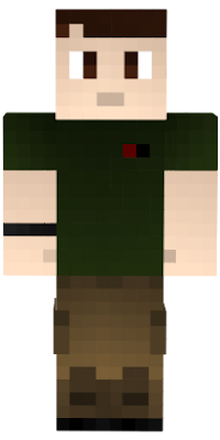 Brown hair, brown eyes, white skin, green t-shirt, black archery glove, brown cargo pants and brown tactical boots.