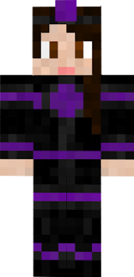 A girl with brown hair and eyes wearing black and purple armor.