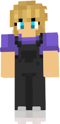 Short blond haired blue eyed girl with black jumpsuit and purple top