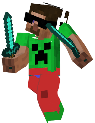 this skin gives you a creeper shirt wich i like some red pants green shoes glasses and a headphones. please tell me if you have any bugs with the skin.