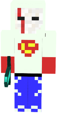 ele é branco e veste calça azul e camisa branca com escudo do super homem e luvas vermelhas