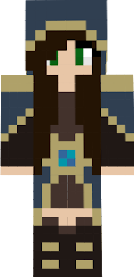 A girl mage with green eyes,dark brown hair and blue clothes