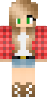Ashley is a cowgirl with green eyes and a red plaid shirt and long blond hair.