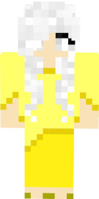 shiny white hair, white eyes, bright skin, yellow droopy shirt and yellow baggy pants with dark yellow slippers.