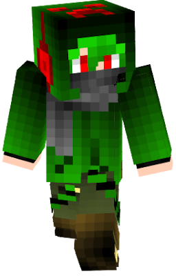 Punk-rock, anime-style, assassin boy wearing the infamous Minecraft Creeper Mob hoodie. Also features headphones over hoodie and Diamond Pickaxe on the back.