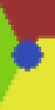 lime banner+yellow pale sinister+red inverted chevron+red chief sinister canton+yellow chevron+yellow base sinister canton+blue roundel