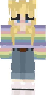 blonde girl with blue eyes and a blushing face. cute rainbow shirt and vintage jeans with a belt.