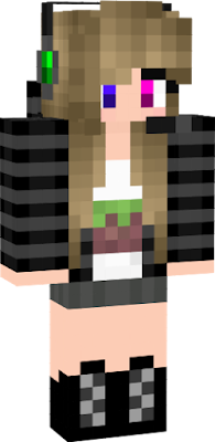 pink and purple eyes, black/gray jacket white shirt with minecraft block, gray pants, black shoes with gray, dirty blond hair, green headphones