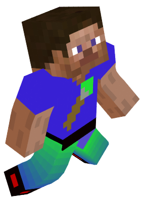A Steve skin with running looking shoes, and a mace on the front of the shirt.
