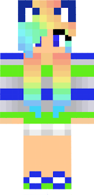a girl with cat ears and tail colors: blue green RAINBOW white