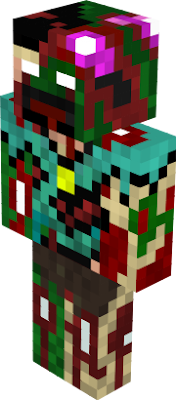 a brain showing, bone showing, bloody herobrine with a teal shirt, brown shorts, and a diamond sword on his back