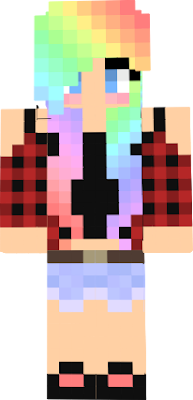 pastel rainbow hair blue eyes plaid shirt with black tang top jean shorts with brown leather belt black shoes with pink