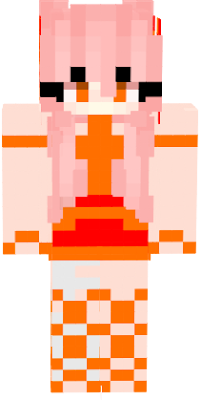 Pink hair with orange eyes. Flaming Orange Dress. Flaming Pear Bows.