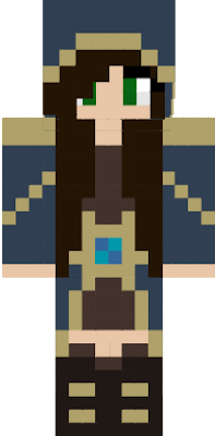 A mage girl with dark brown hair and green eyes and blue clothes